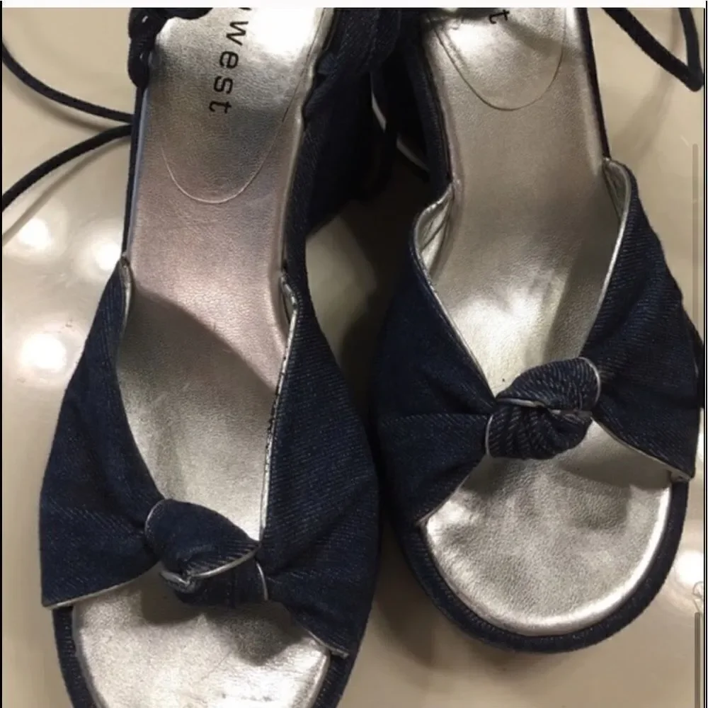 OO 9 West Denim Ankle Tie Wedges!